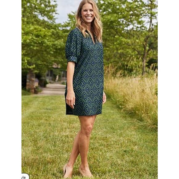 JUDE CONNALLY Emerson Puff Sleeve Mini Dress Small Garden Lattice Navy Green - Picture 8 of 12
